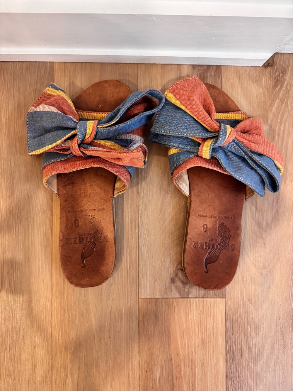 Brother Vellies Multicolor Bow Slide Sandals - Blue, Orange, Yellow, Brown